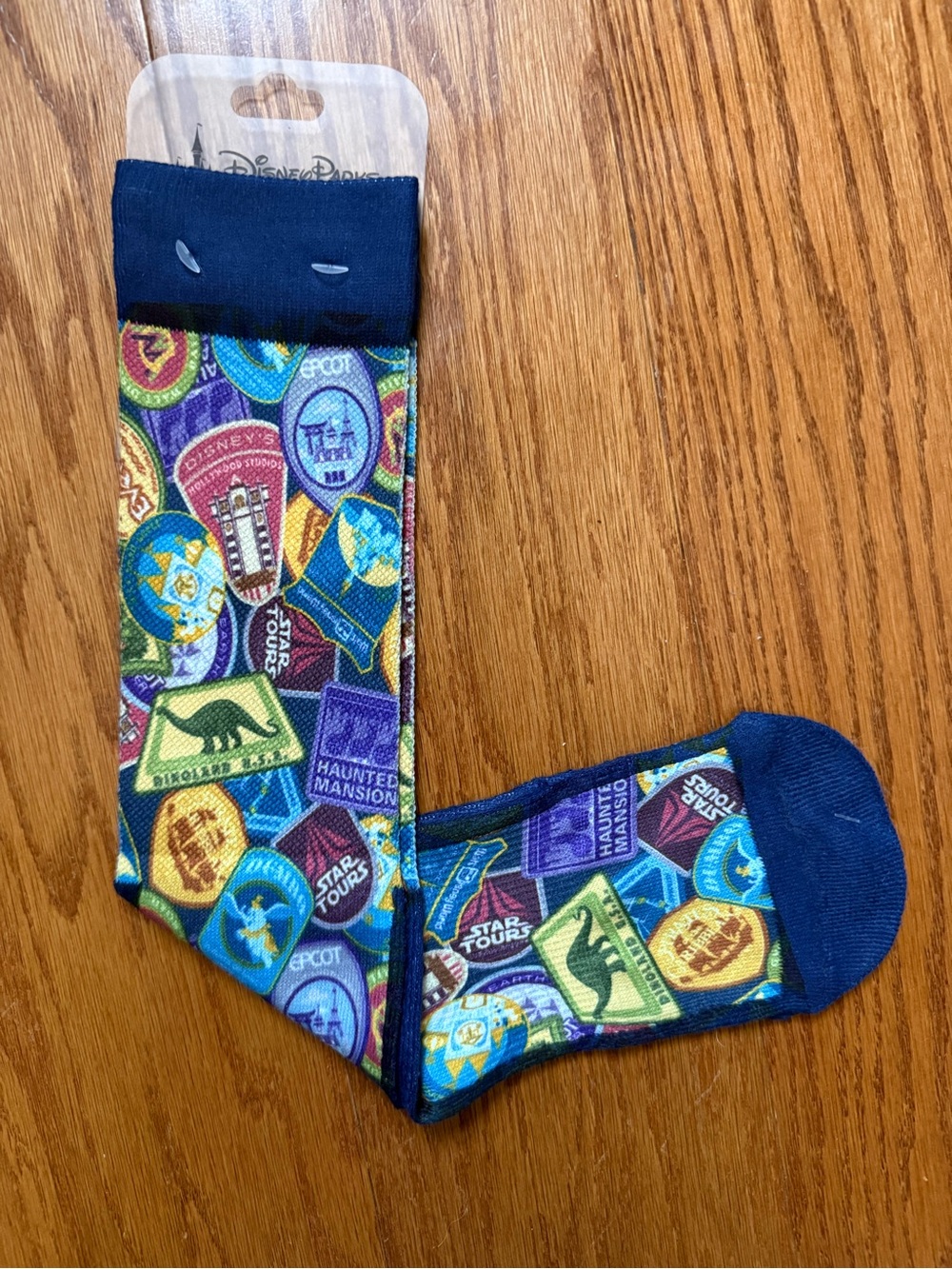 Disney Parks Crew Socks in Navy with Multicolor Park Badge Print